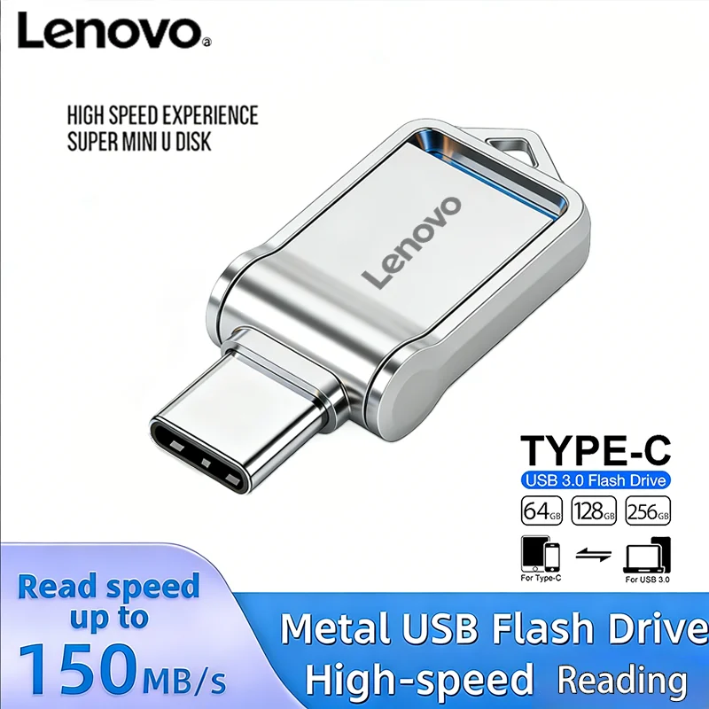 Pen Drive Metálico USB 3.0 Tipo-C OTG de Alta Velocidade Lenovo, Flash Drive Portátil, Memória de 512GB, 256GB, 128GB para Telefone e Cartão de Rede