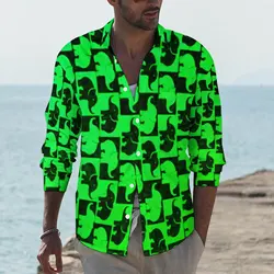 Neon Green Elephant Casual Shirts Male Funny Animal Print Shirt Long Sleeve Fashion Street Style Blouses Tops Plus Size 3XL 4XL