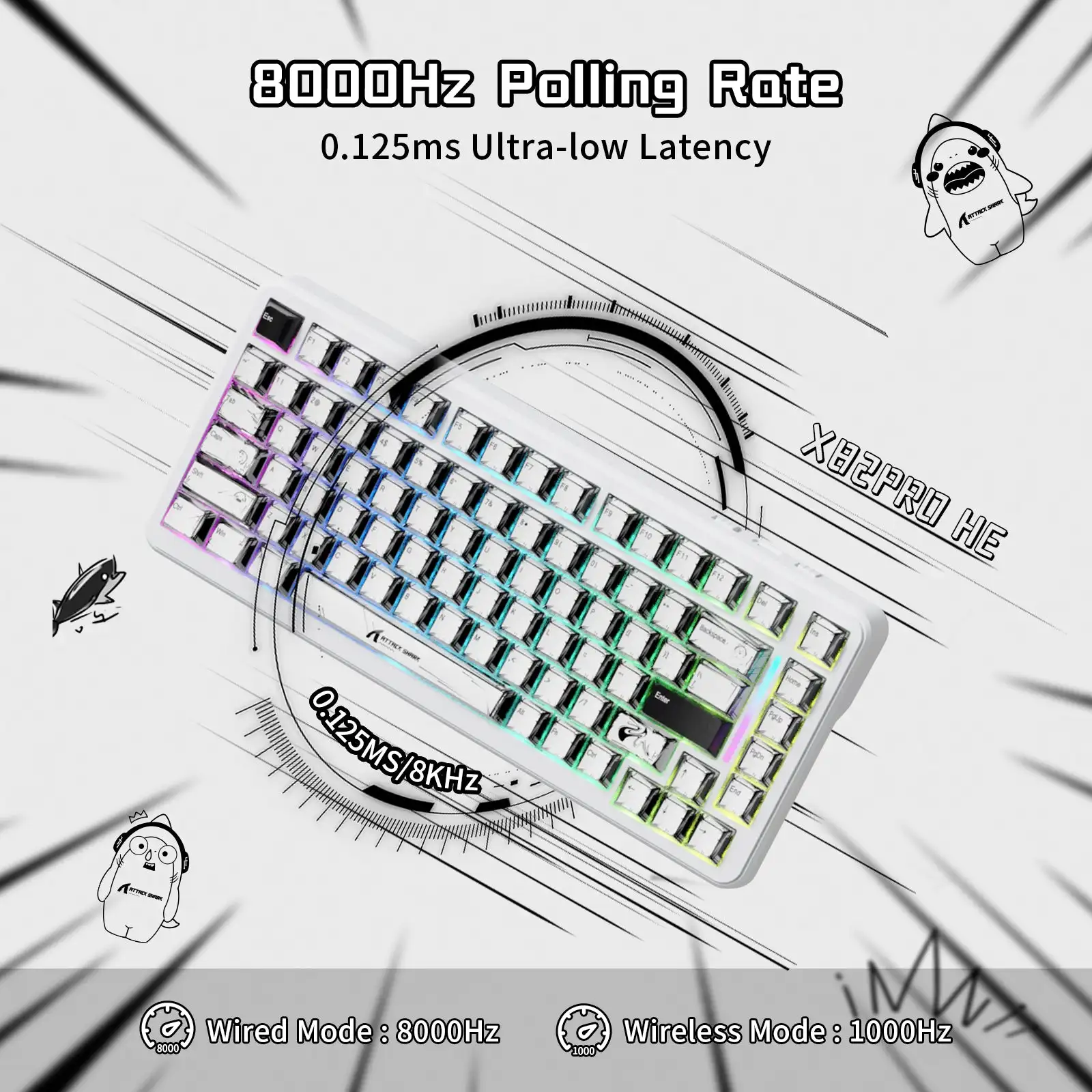 ATTACK SHARK X82Pro HE Magnetic Axis Gaming Wireless Keyboard 8KHz Rate 0.01mm RT Precision 5000mAh Tri Mode RGB 82 Keys PBT
