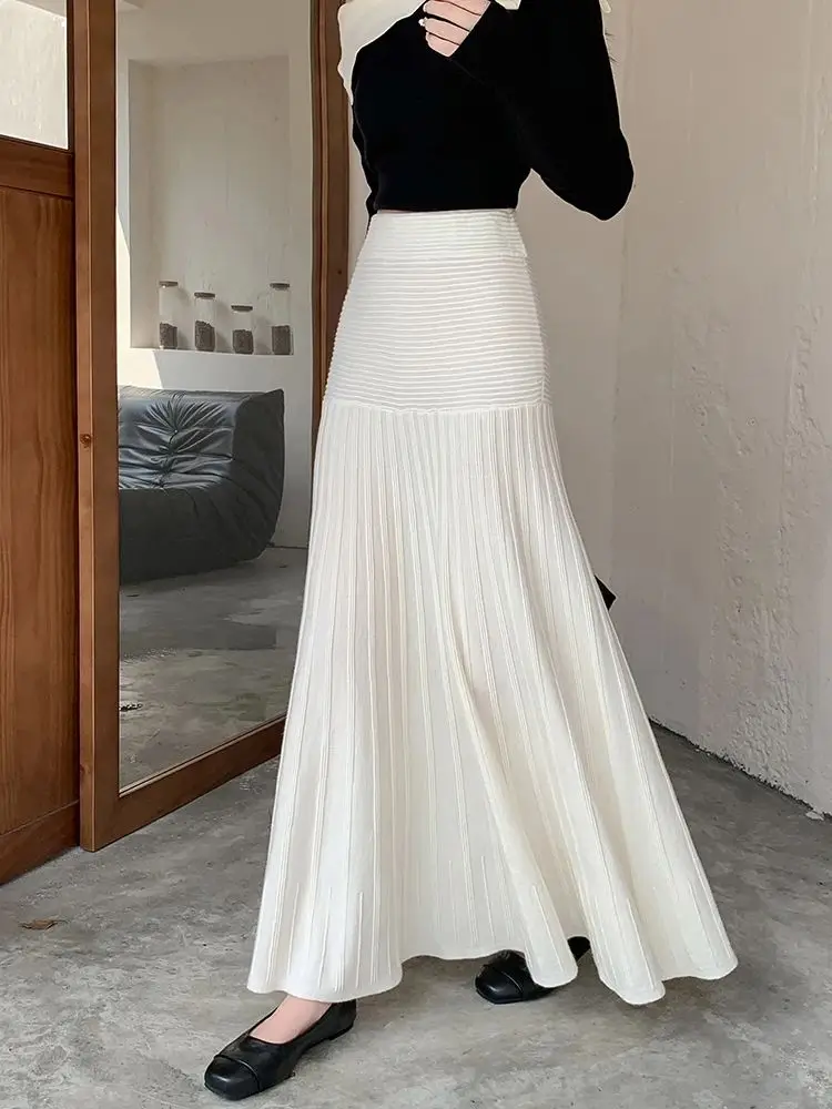 

Модная утолщенная вязаная юбка в рубчик для женщин, осенне-зимняя длинная макси-юбка, однотонная мягкая повседневная трикотажная одежда, женская одежда