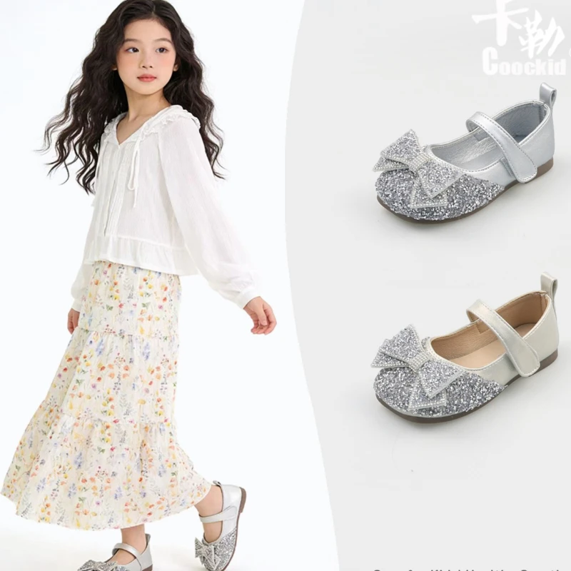 Girl Princess Water Diamond Leather Shoe2026New Autumn Korean Edition Child FlatShoe Fashion Girl Formal Dress Party Loafer Shoe