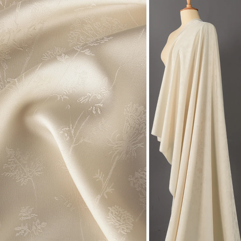 

New Chinese Style Guochao, Beige Satin Acetate Jacquard , Dandelion Flower Soft Top, Skirt Cheongsam Fabric