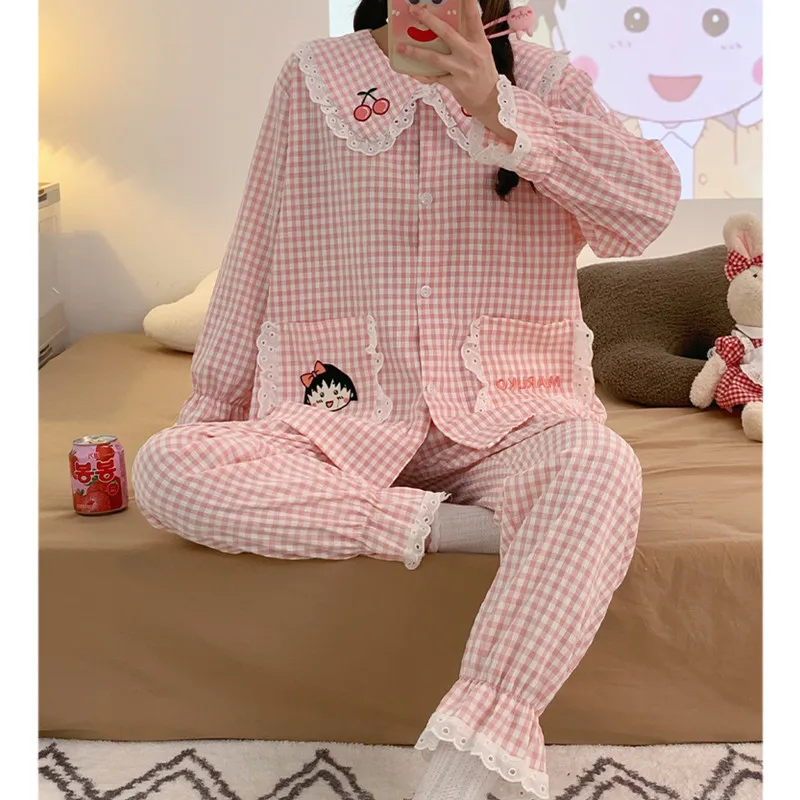 

Long Sleeved Women Pajamas Set Cotton Plaid Kawaii Girls Pyjama 2 Pieces Summer Autumn Loungewear Elegant Homewear Sleepwear