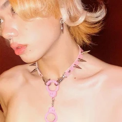 Punk Jewelry Pink Leather Rivets Choker Women Accessories Chains Ring Pendant Necklace Gothic Necklace Y2K Korean Fashion