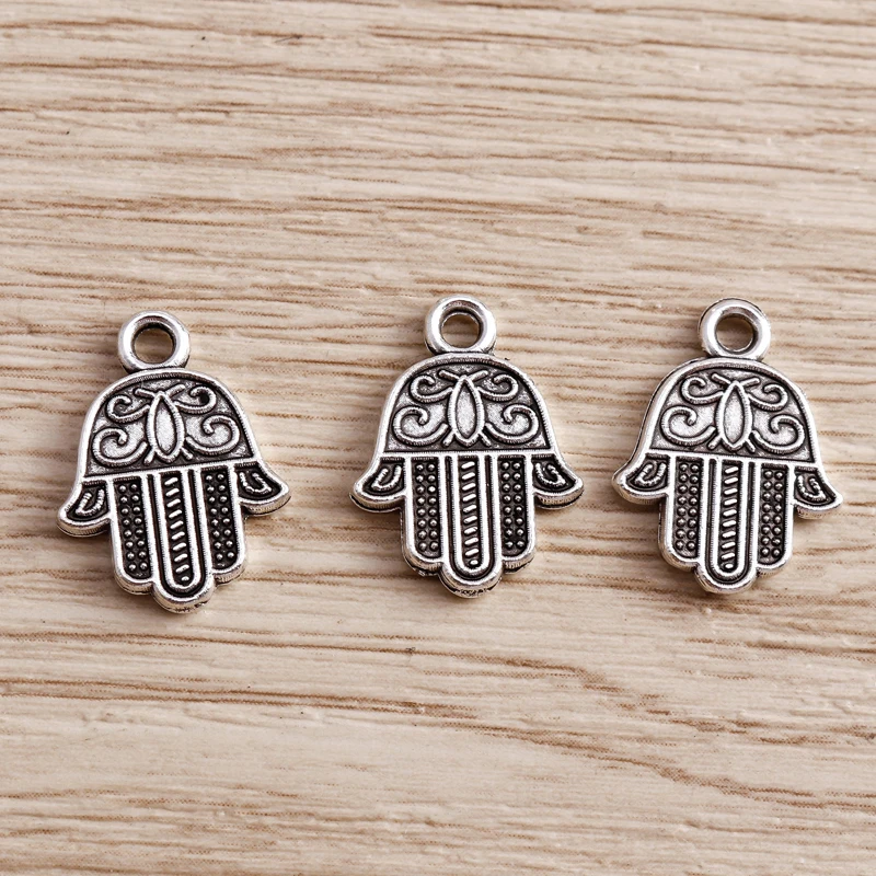 Tusember 20 Stück 13 x 17 mm antiksilberfarbene Fatima Hamsa Hand-Anhänger für Anhänger, Verbinder, DIY, religiöse Halsketten, Ohrringe, Basteln – Detail 1