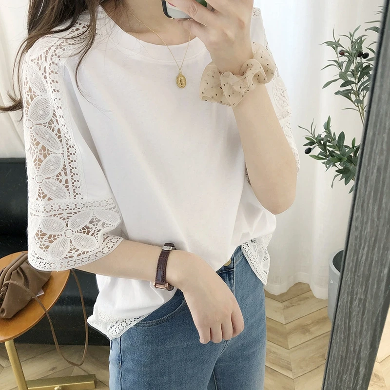 

Summer Women Fashion Round Neck Lace Hollow-Out Short Sleeve T-Shirt Blouse Casual Versatile White Top For Daily Wear