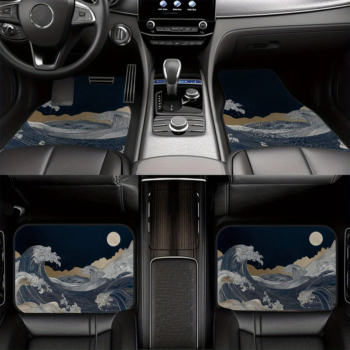 4pcs Set Of Japanese Ukiyo-e Marine Floor Mats - Non-slip Car Floor Mats, Wave And Moon Design, Deep Blue With Golden Embellishm