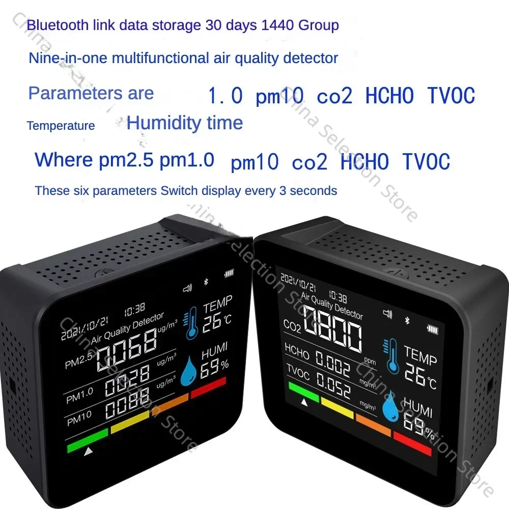 9 in 1 Carbon Dioxide Detector Pm2.5 Pm1.0 Formaldehyde Detection TVOC Detector Temperature and Humidity CO2 Bluetooth