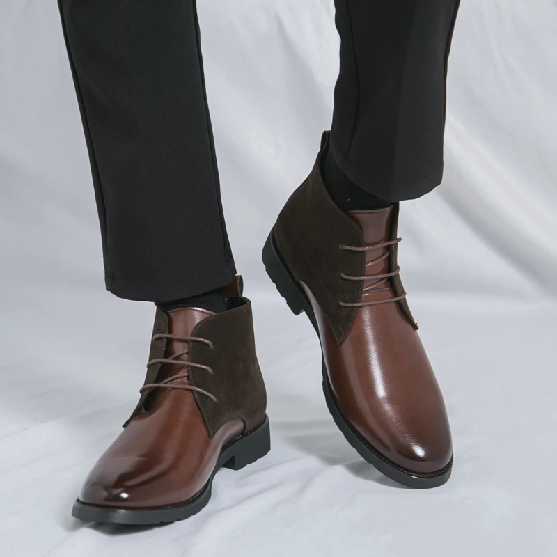

2025 New Spring Men's Korean Style Hairstylist High Top Pointed Toe Casual British Leather Boots - Trendy Fashion Dress Shoes