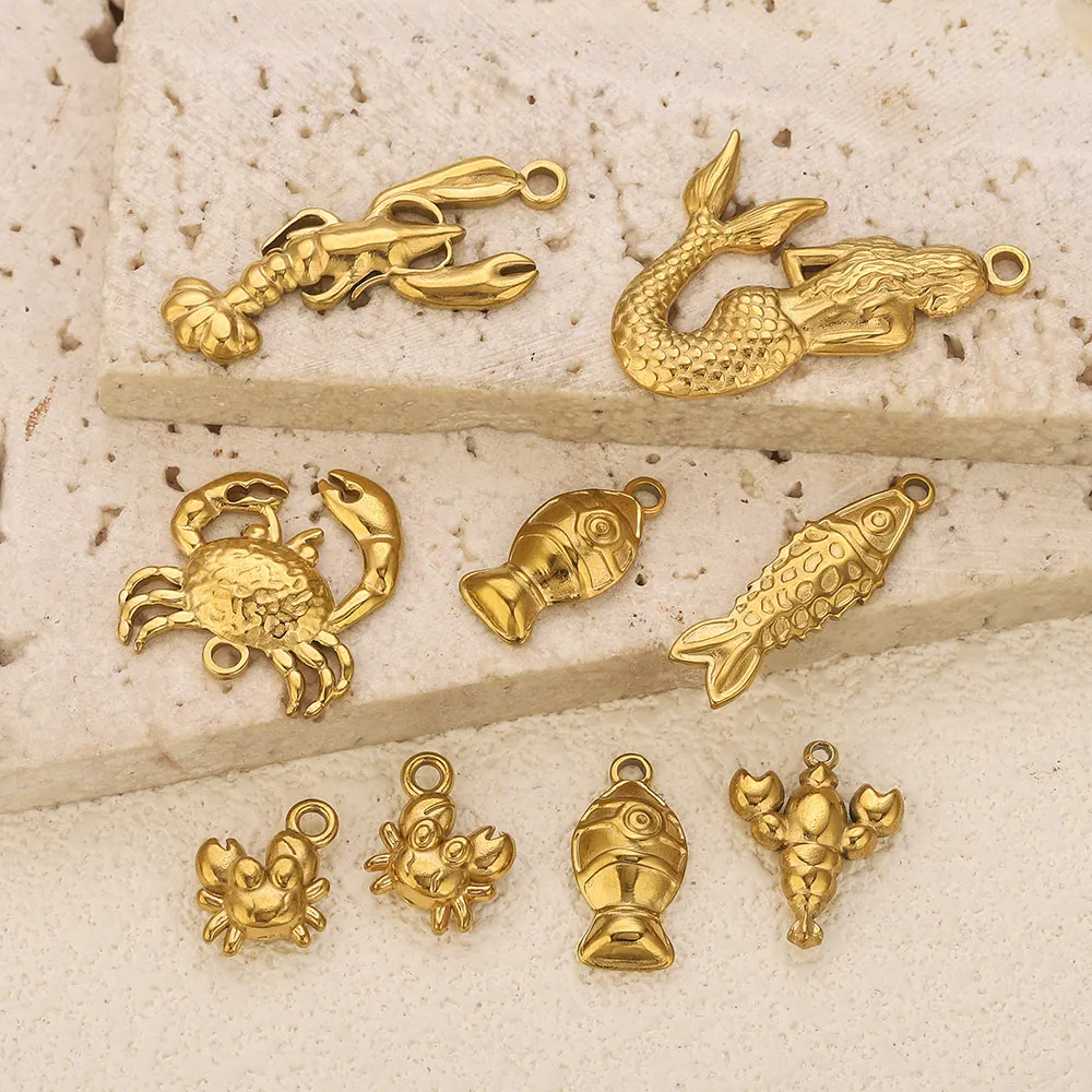 5PCS Stainless Steel Lobster Charms Mermaid Crab Connectors Gold-Plated DIY Necklace Earrings Jewelry Making Materials Wholesale image 2