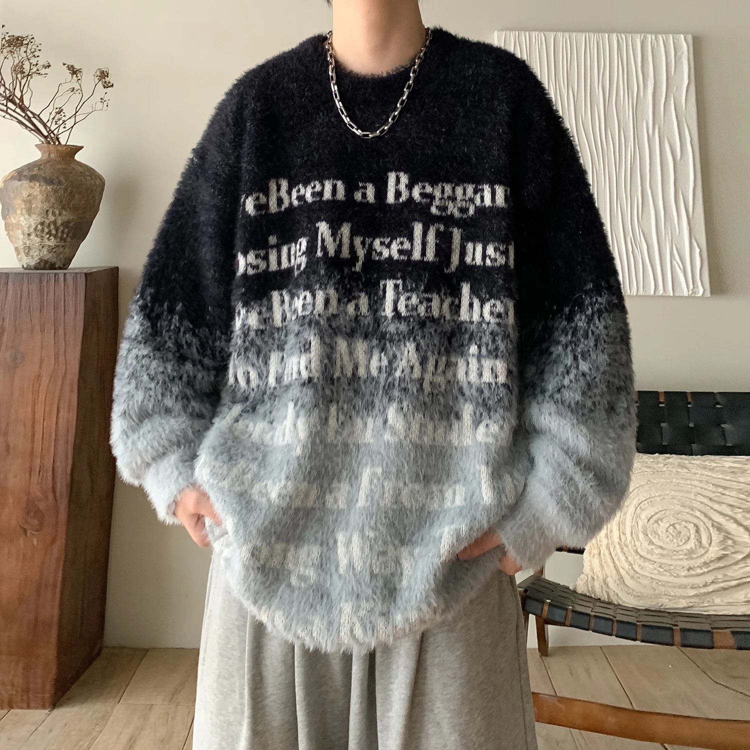 

Men's adient Color Hoof Knit Sweater round Ne Thiened Base irt American Retro Lazy Sle Winter Casual Wear