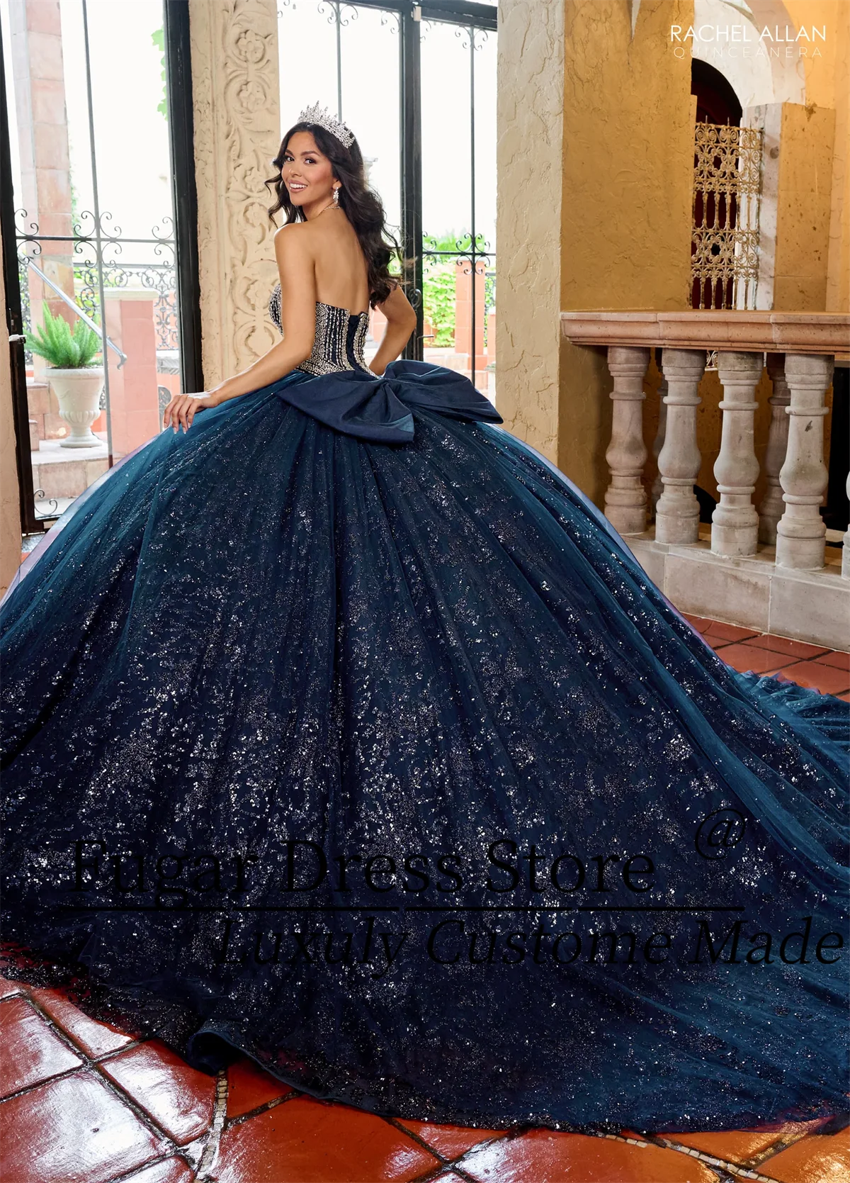 Luxuly A-line skirt Princess Ball Gown Quinceañera Dresses Glittering Sequins Beading Navy Silver Birthday Party For 15th GirlsS