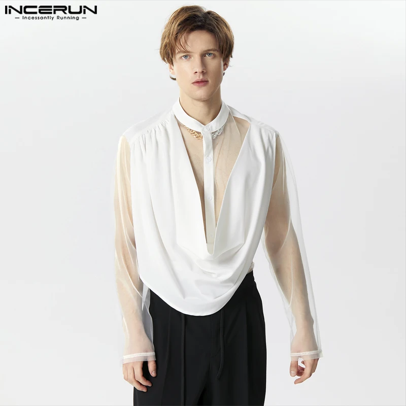 

INCERUN Tops 2024 American Style New Mens Front Swing Collar Patchwork Mesh Shirts Casual Sexy Solid Medium Sleeved Blouse S-3XL