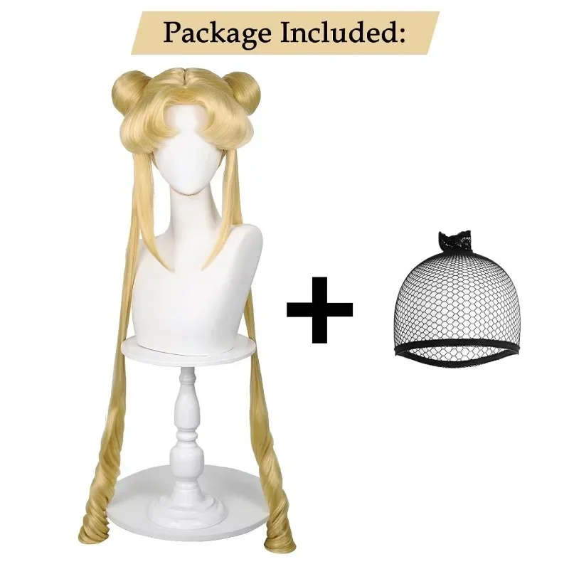 بحار القمر Tsukino Usagi طويل مجعد شقراء ذيل حصان شعر مستعار مع 2 ذيل حصان مع قبعة شعر مستعار لحفلة الهالوين زي