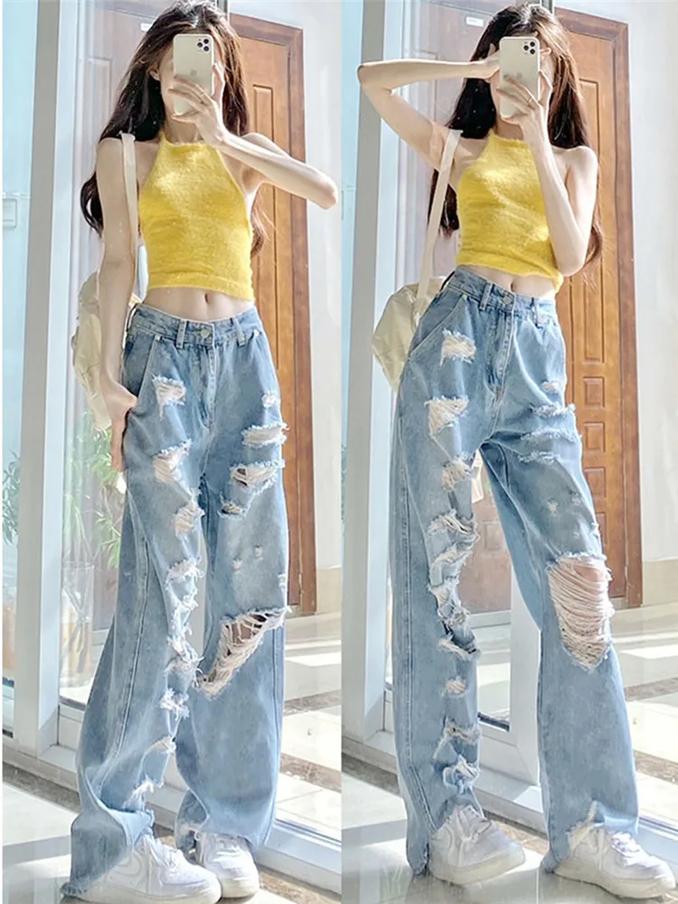 

Американские ретро-джинсы светло-голубого цвета с эффектом потертости, женские летние тонкие джинсы с высокой талией, прямые, удлиненные, в пол