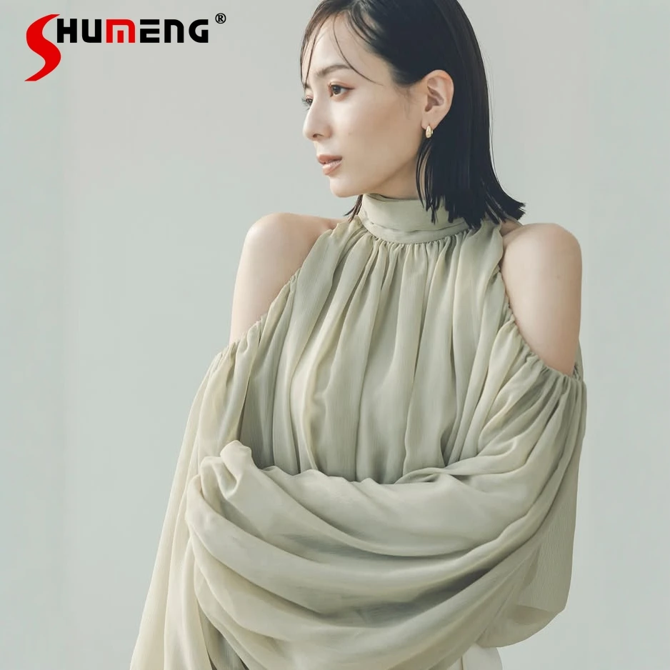 

Японская мода, милая шифоновая рубашка с открытыми плечами и длинными рукавами, весна-осень, новинка 2025 года, свободные тонкие элегантные блузки для девочек и женщин, топ