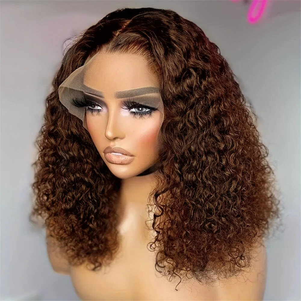 Short Kinky Curly Bob Wig 13x4 Lace Frontal Deep Wave 100 Human Hair Wigs 4#Chocolate Brown Pre Plucked Natural Remy Wig 12 inch