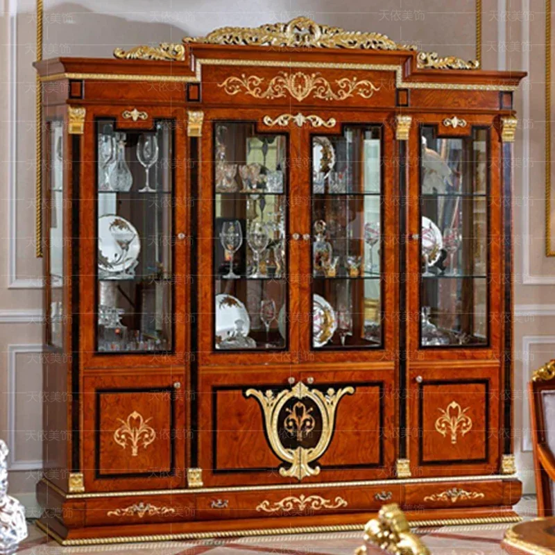 High-end luxury four-door glass display cabinet villa living room red wine cabinet European style tracing gold wine cabinet