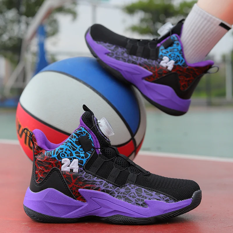 Kids Basketball Shoes Swivel Buckle Design Children Sports Shoes Non-slip Rubber Sole Boys Sneakers Outdoor Girls Casual Sneaker