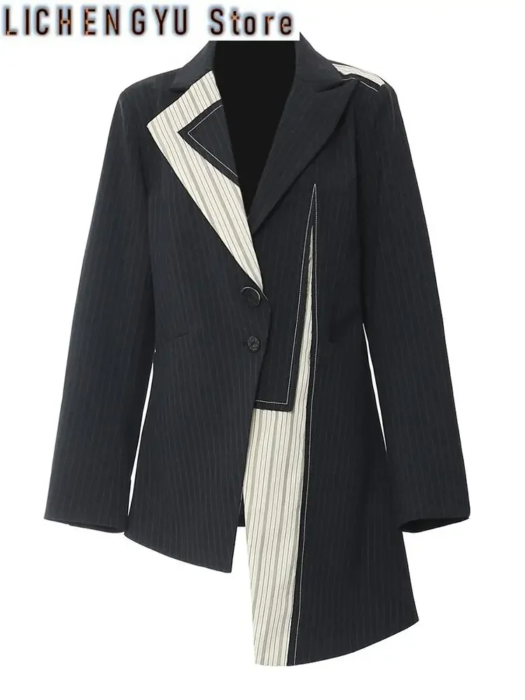 Women Navy Blue Striped Irregular Elegant Blazer Lapel Long Sleeve Jacket Fashion Tide Spring Autumn