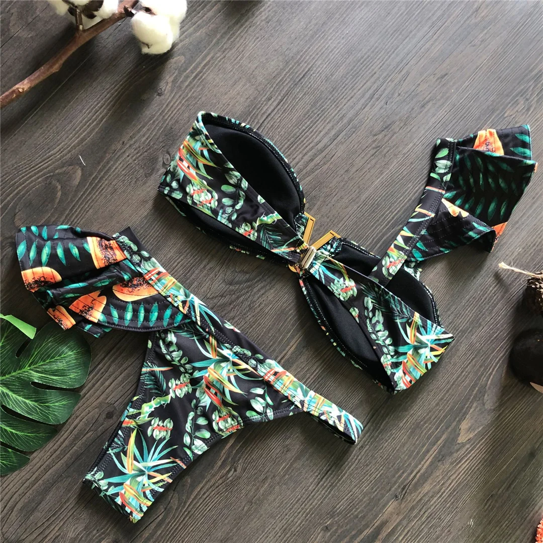 Blumenmuster, einseitiger Bikini, Damen-Badebekleidung, zweiteiliger Bikini-Set, Badeanzug mit Rüschen, Badebekleidung, Badeanzug, Modell V8049. – Detail 12