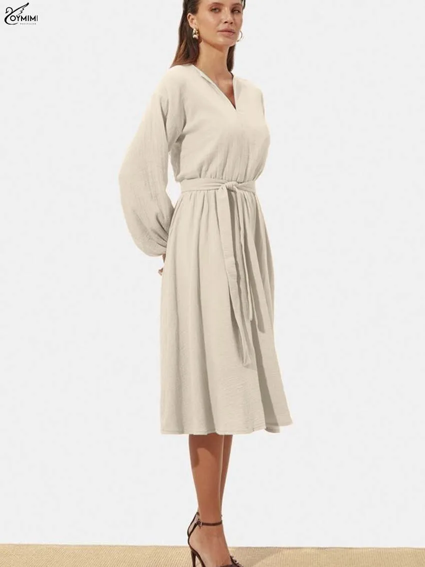 Oymimi Casual White Cotton Women's Dress Fashion V-Neck Long Sleeve Lace-Up Dresses Autumn New Loose Mid-Calf Dresses Streetwear