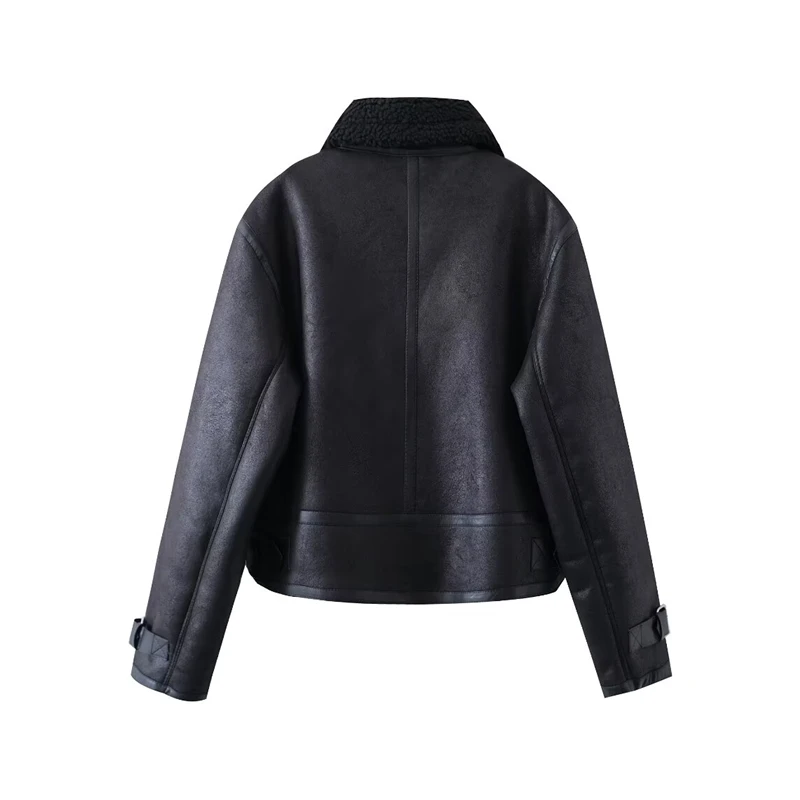 RZRA new autumn women's black temperament versatile loose belted double-sided jacket coat short zipper decoration