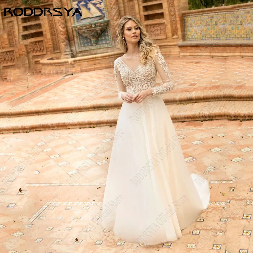 RODDRSY Beach Wedding Dress For Woman Boho Long Sleeves A-Line Bride Party Gowns Side Split A-Line Applique vestido de noiva