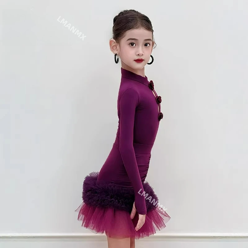 2025 Autumn/Winter New Latin Dance Dress Children's Long Sleeve Mesh Practice Dress Girls' Dance Performance Dress