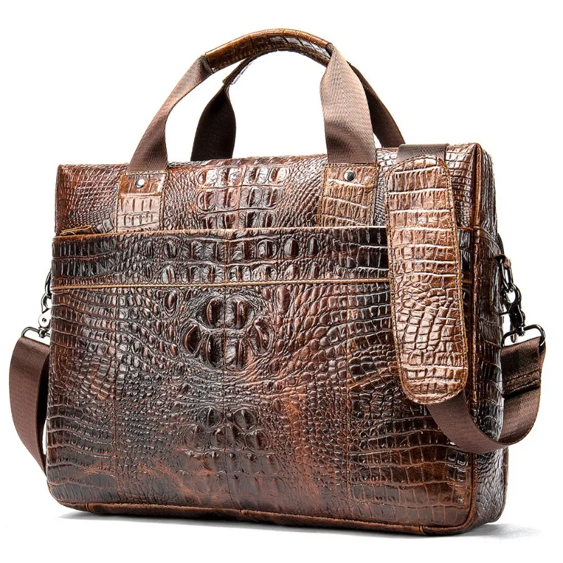 Men's Convertible Crocodile Embossed Genuine Leather Briefcase Laptop Shoulder Crossbody Bag Business