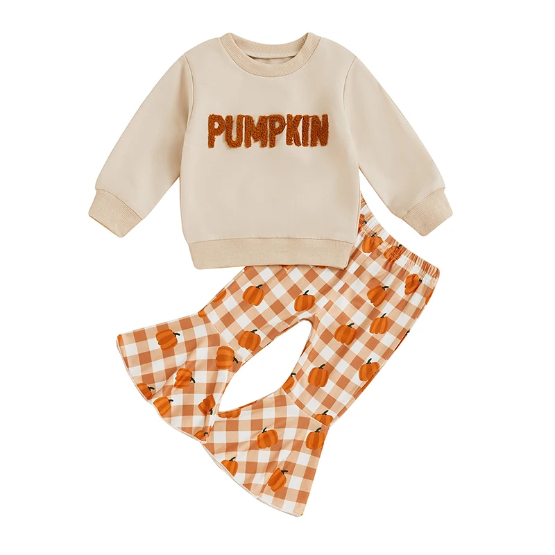 Baby Girl Halloween Outfit Long Sleeve O Neck Letter Ghost Print Tops+Bell Bottoms+Headband Toddler Fall Outfits