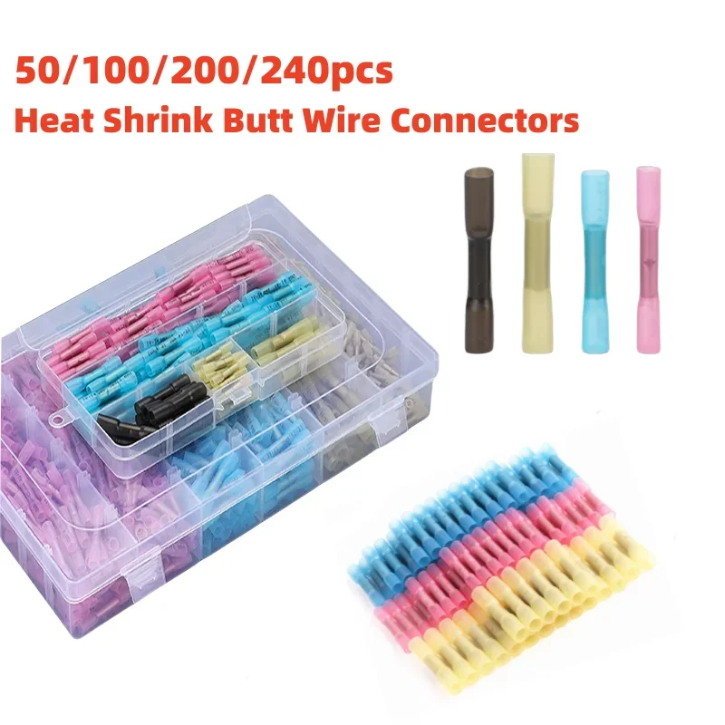 50/100/150/200/240pcs Heat Shrink Butt Connectors Kit Waterproof Insulated Splices for Electrical Wiring