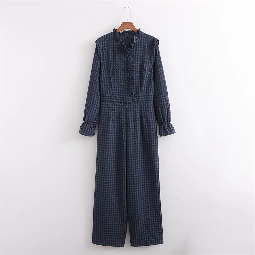 PB&ZA2024 winter new women's clothing style simple stand up collar long sleeved casual versatile plaid jumpsuit long pants