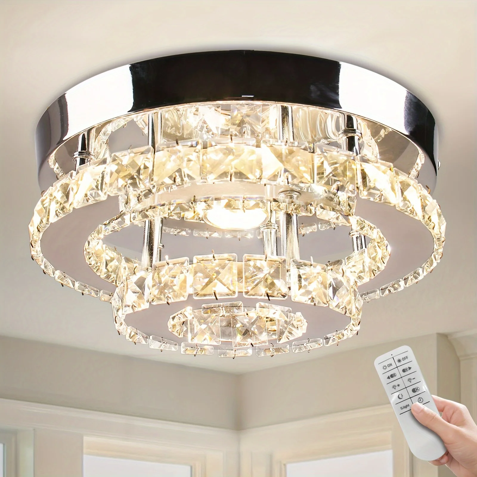 

Mini Chandelier LED Crystal Ceiling Light 2 Layers Round Flush Mount Ceiling Light Modern Chandelier Lighting for Hallway Staircase Kitchen Bathroom (Dimmable/Multicolor/Warm White/Cool White)