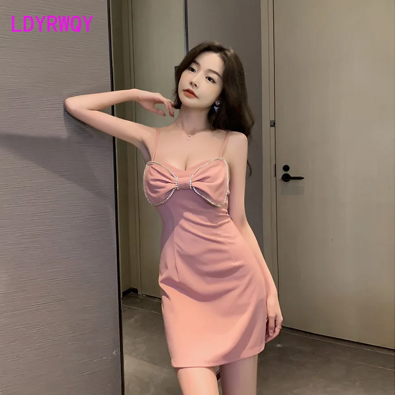 2022 low cut sexy bow strap dress deep V bare back slim night technician Office Lady  Zippers  Knee-Length