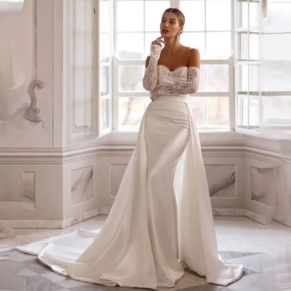

Vintage Long Sleeves Sweetheart Beaded Lace Mermaid Wedding Dresses With Detachable Train Satin Bridal Gown Vestido De Noival