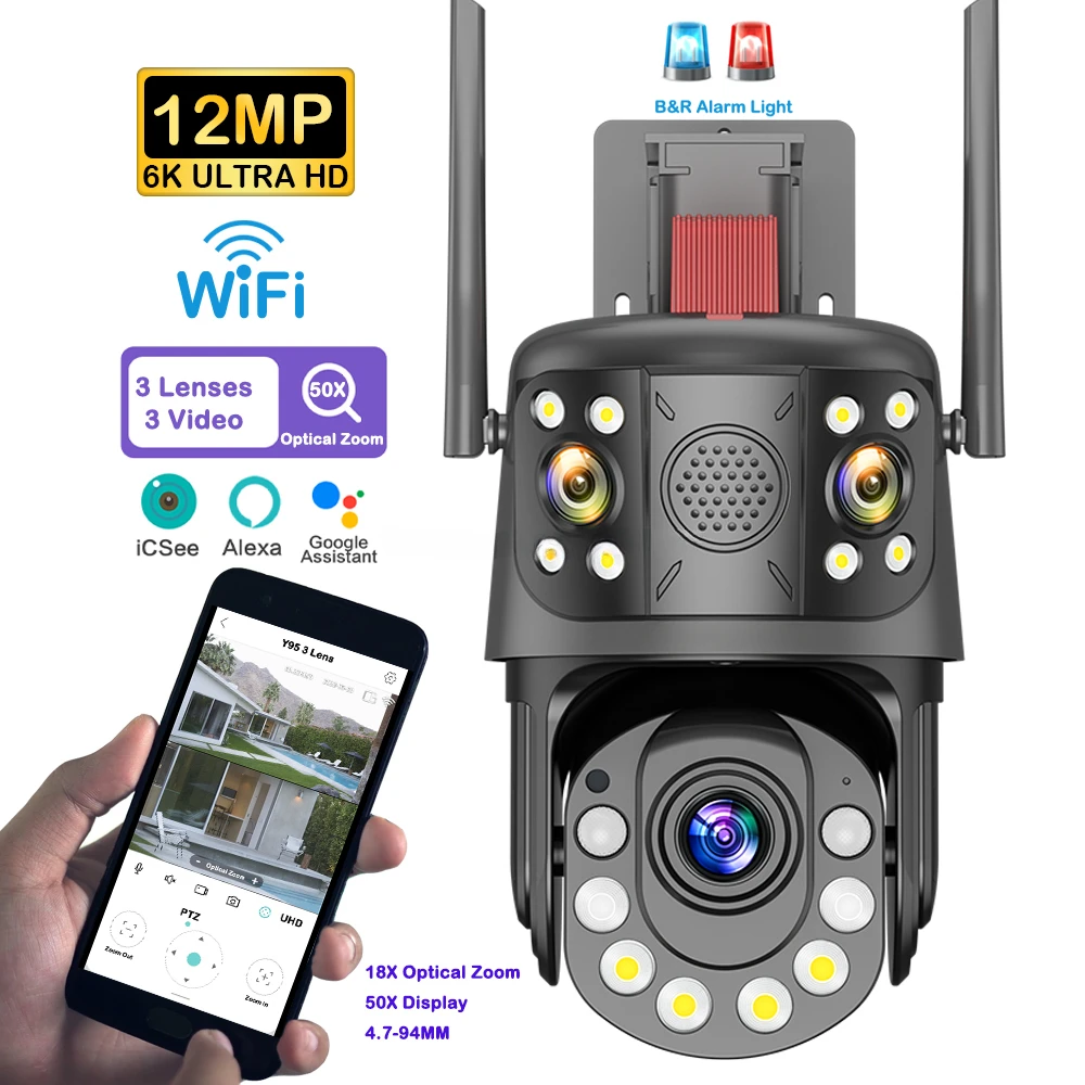 2024 New 12MP 3 Lens 50X Zoom Wireless WiFi Home Video Surveillance CCTV IP PTZ Camera 360 6K iCSee Outdoor WiFi Security Camera