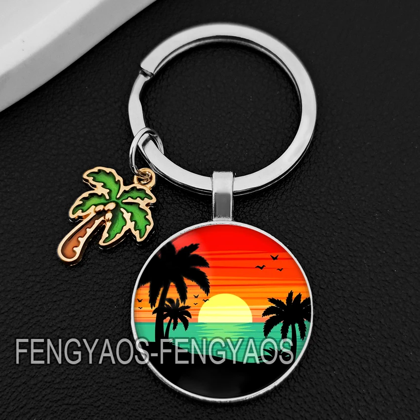 Beautiful Maldives Scenery Keychains Ocean Landscape Charm Keychain Beach Coconut Tree Key Ring Gift for Travel