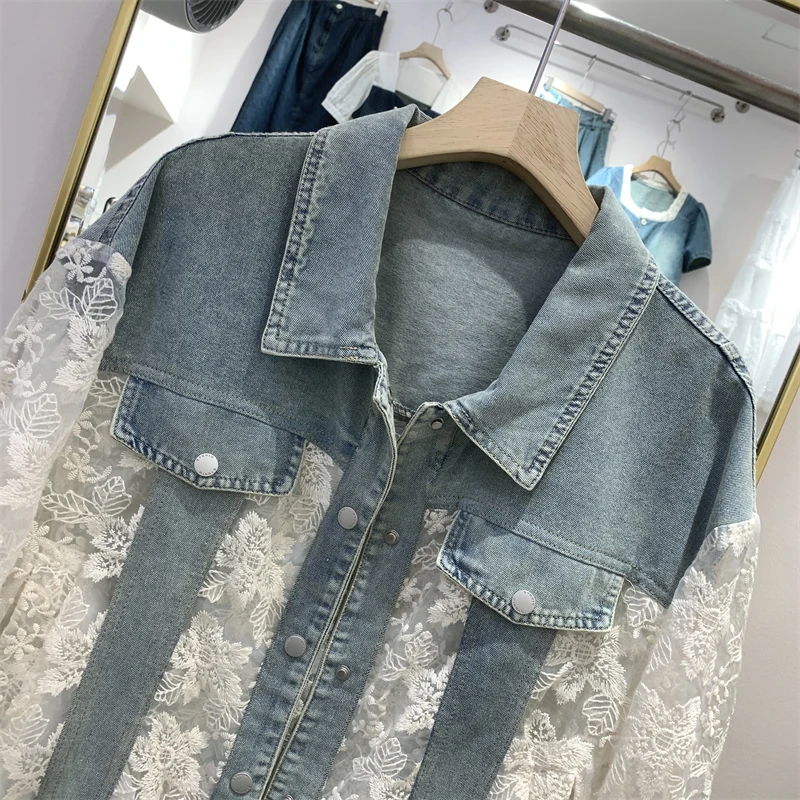2026 Summer New Streetwear Embroidery Lace Patchwork Sexy Denim Jacket Women Frayed Tassel Loose Korea Blue Jean Coat Outwear