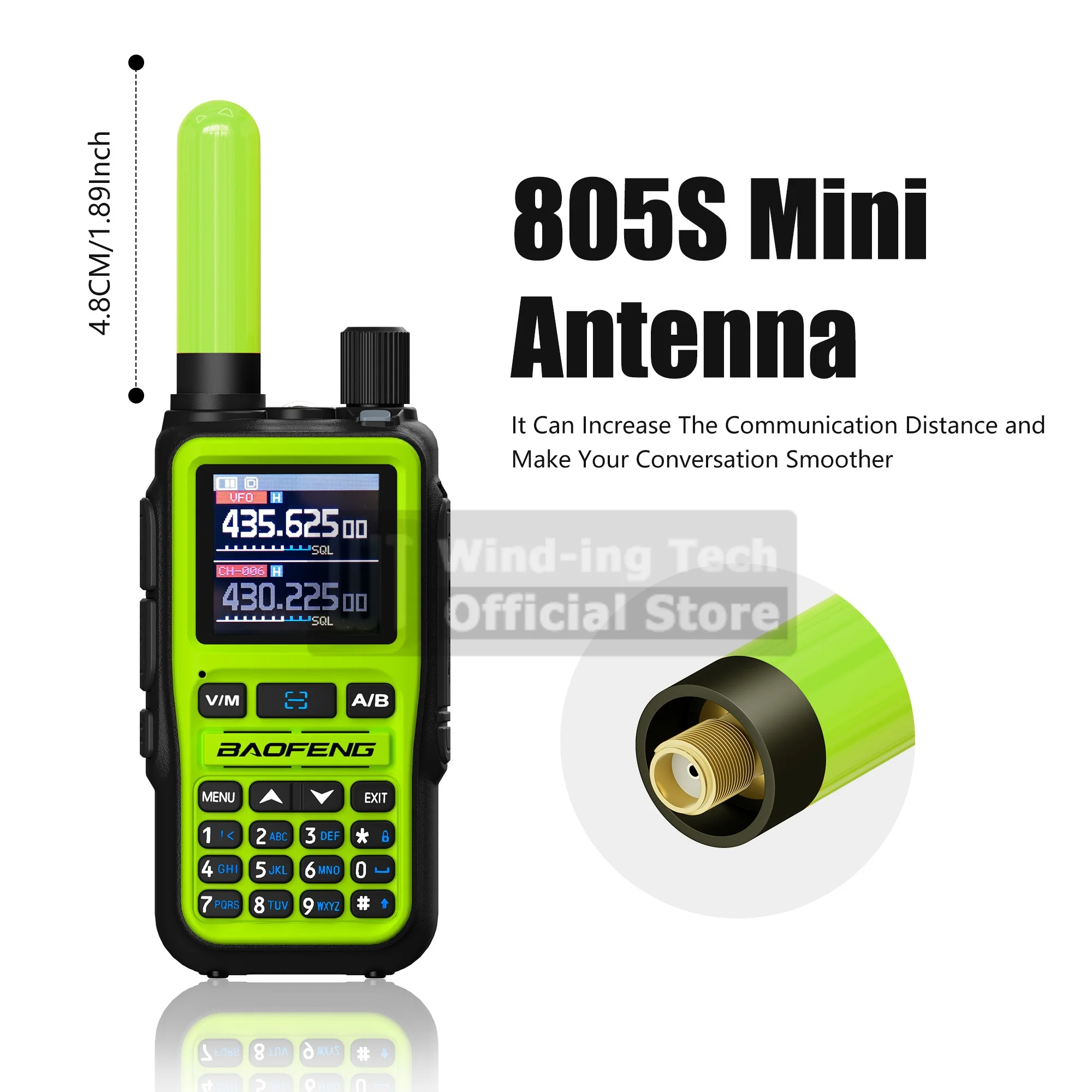 805S Mini Antenna Green High Gain Dual Band 10W SMA-Male/SMA-Female/BNC Connector For 5R Mini UV-K1 UV-K5 Two Way Radio Antenna