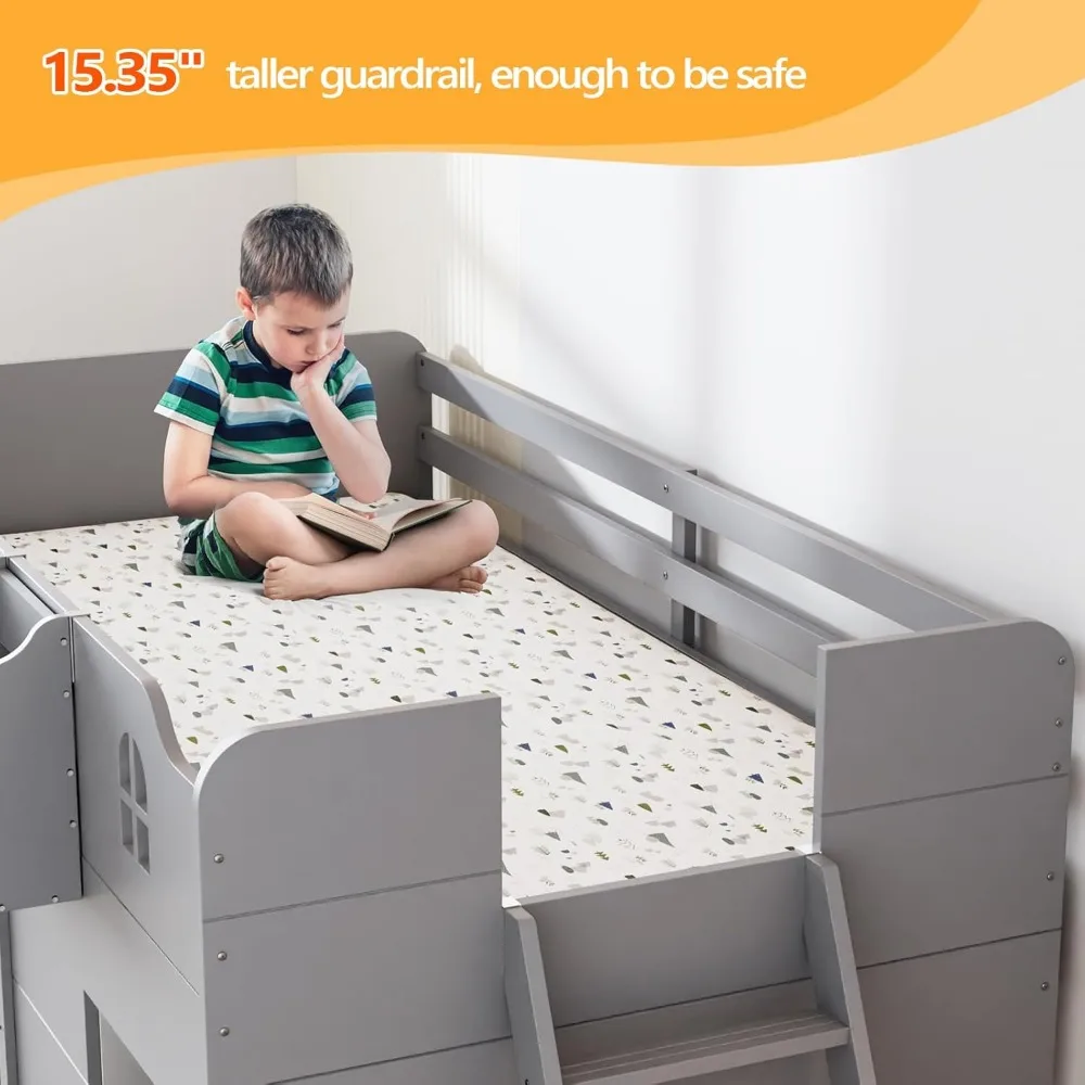 سرير علوي مزدوج الحجم مع إضاءة LED، وسرير علوي منخفض لدرج التخزين، ونمط المزرعة الحديثة مع درابزين ونافذة