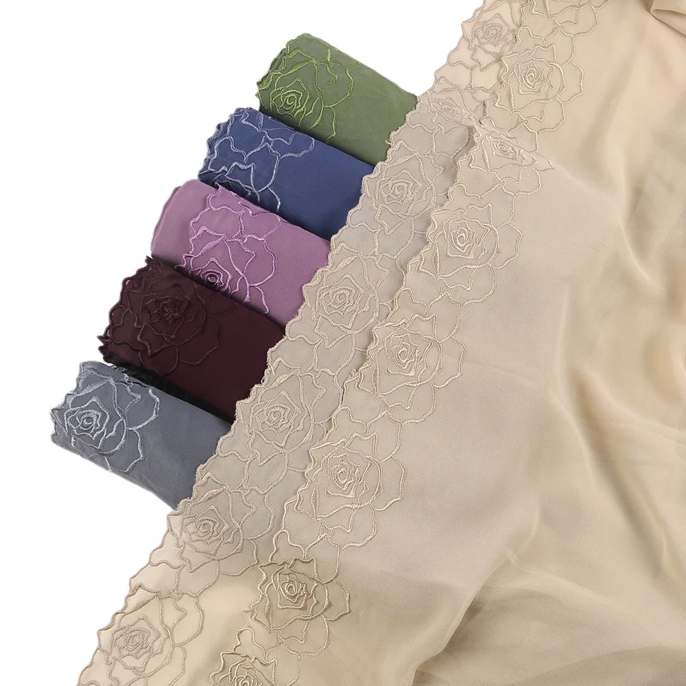 

New Monochrome Pearl Chiffon Hijab Scarf for Women Unilateral Flower Embroidery Turbans Lightweight Breathable Female Headscarf