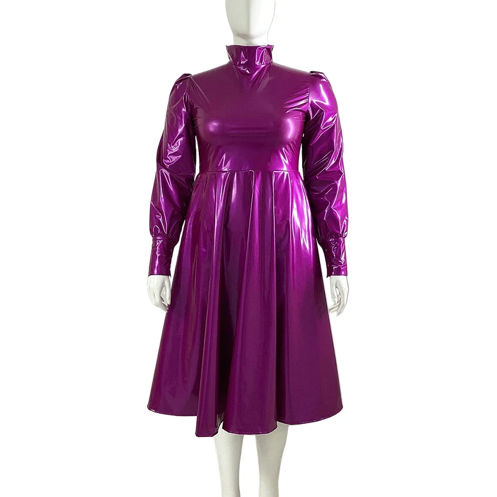 Long Sleeve Wet Look PVC Midi Dresses Office Ladies High Waist Shiny Pleated A-Line Dress Party Long Sleeve Wet Look PVC Midi Dresses Office Ladies High Waist Shiny Pleated A-Line Dress Party
