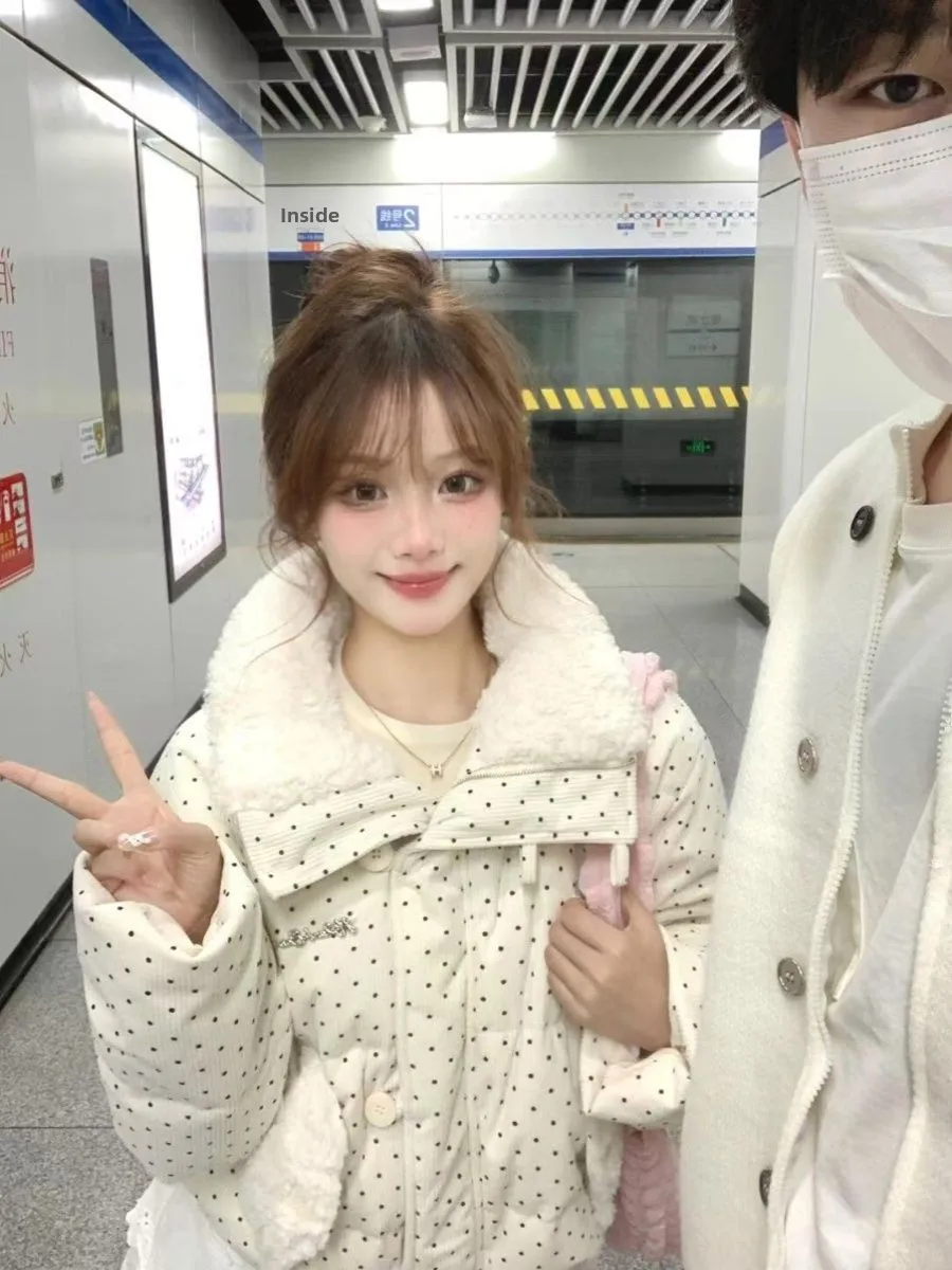 

Thiened вельветовое пальто в горошек L с воротником из овечьей кожи, пуховое пальто небольшого размера, зимняя верхняя одежда для женщин