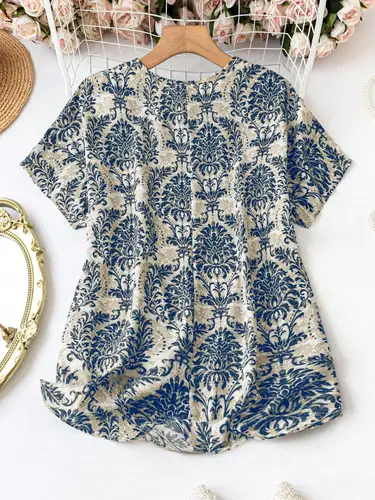 Imagen 2 del producto 【Tamaño grande】 Blusa con estampado floral, pantalón corto informal de manga para primavera y otoño, ropa de mujer para uso diario