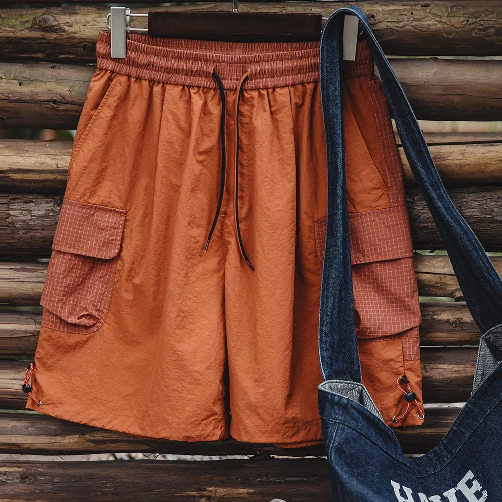 Maden Summer Men's Straight-Leg Shorts Orange Patchwork Gingham Loose Fit Beach Shorts Loose Fit Elastic Waist Bottoms