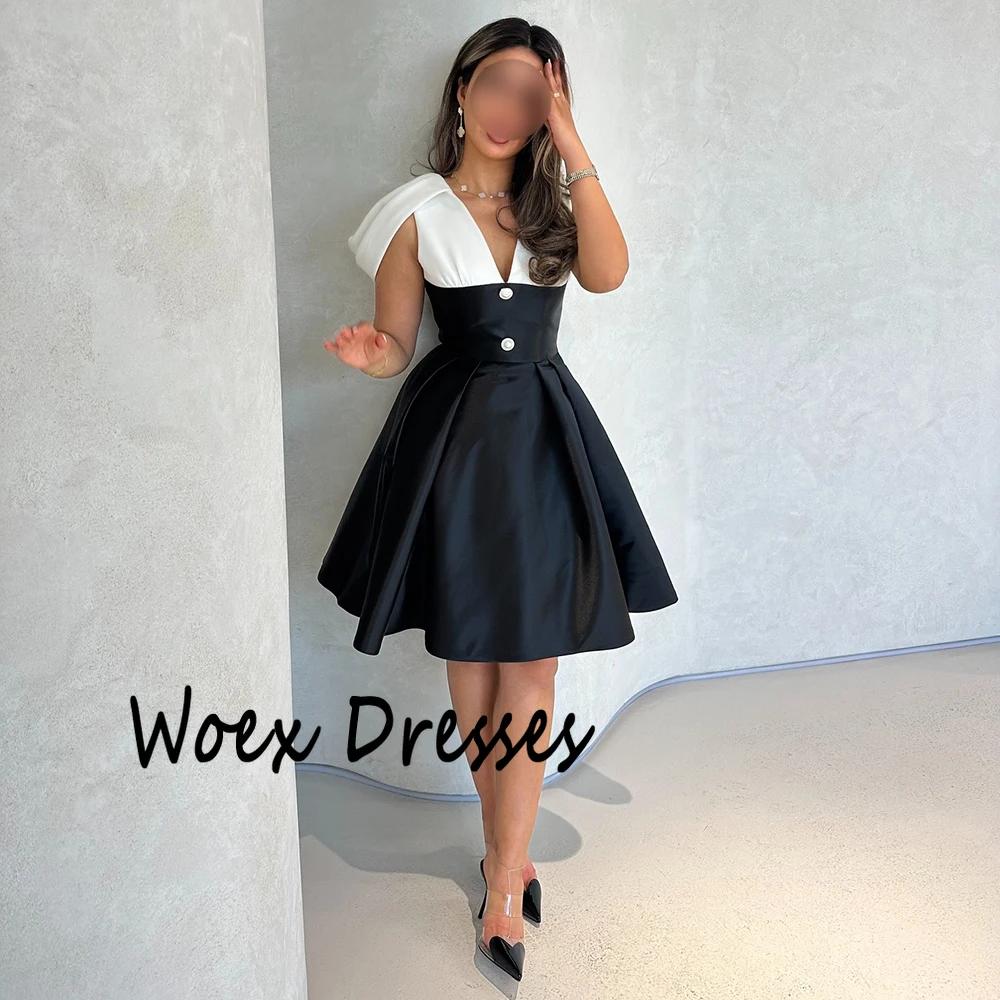 Dostosowana czarna dekolt w kształcie litery A satynowa suknia wieczorowa kontrastowy kolor z odkrytymi ramionami drapowana sukienka na studniówkę guzik do kolan sukienka na imprezę