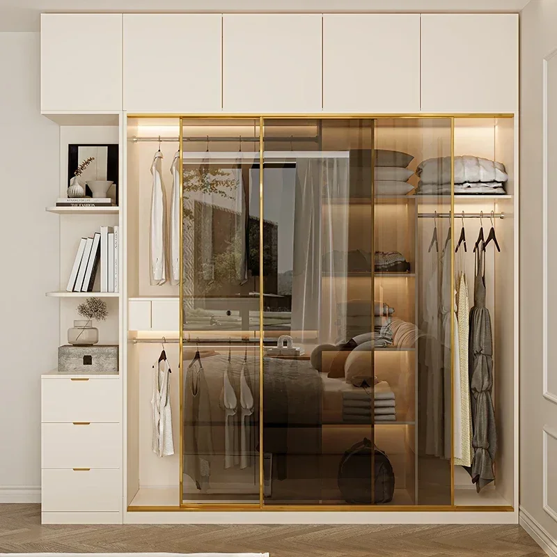 New glass sliding style light luxury sliding door wardrobe, home bedroom, master bedroom, finished sliding door wardrobe