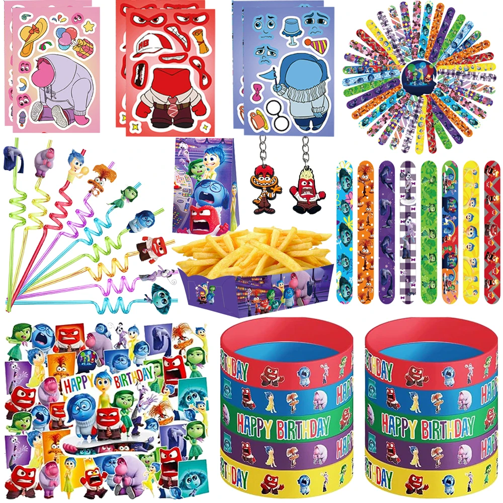 Disney Inside Out 2 Party Favors Supplies Slap Bracelet Sticker Straw Keychain for Kids Birthday Party Wrist Bands Pinata Party