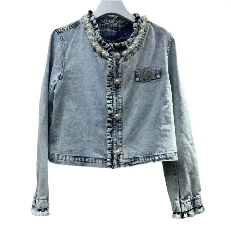 2024 Spring Autumn Peals Beading Ruffles Denim Coat Women Fashion O-Neck Long Sleeve Casual Streetwear Short Jean Jacket Female